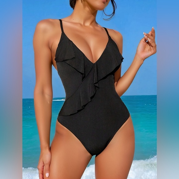 Women One Piece Swimsuit Tummy Control Bathing Suit Ruffled V Neck NWT XL - Picture 1 of 3